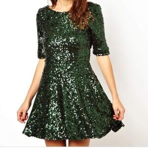 French Connection Sequin Skater Dress Green 0